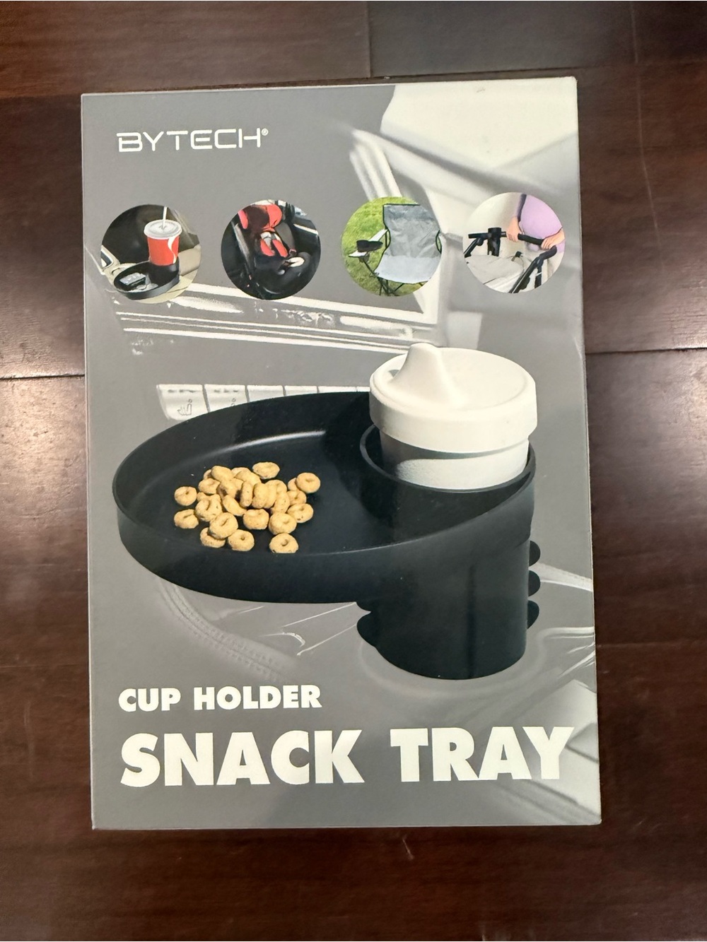 BYTECH Black Cup Holder Snack Tray with Built-In Cup Slot